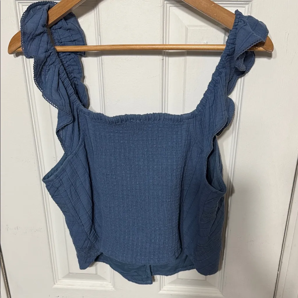 Free People Blue Textured Ruffle Lace Smocked Blouse - Image 3