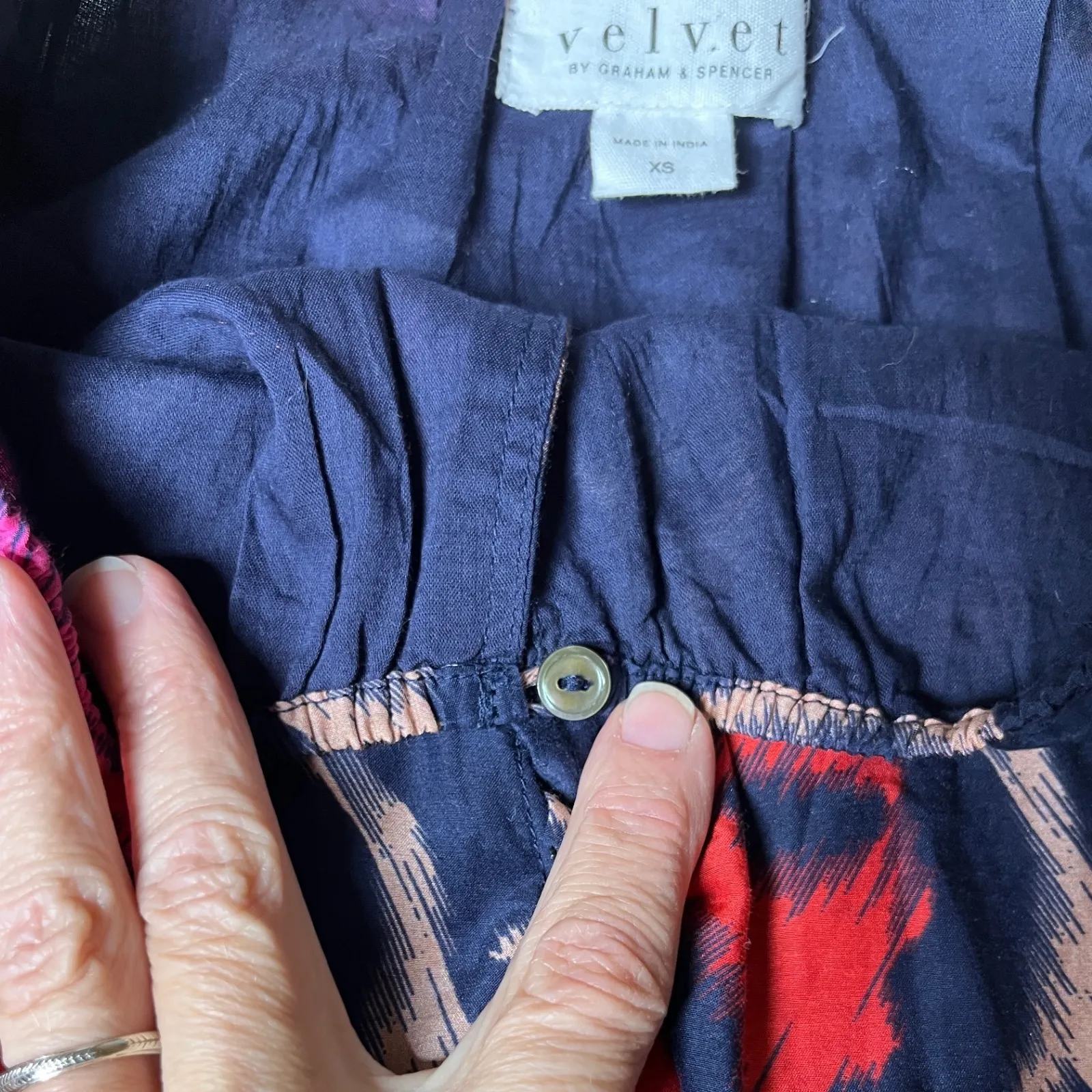 Boho Ikat Print Blouse Silk Cotton Navy Coral‎ Velvet by Graham Spencer XS Blue - Image 7