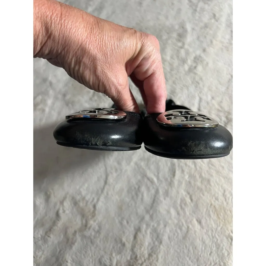 Tory Burch Womens Black Leather Minnie Travel Ballet Flats W/ Logo Medallion - Image 7