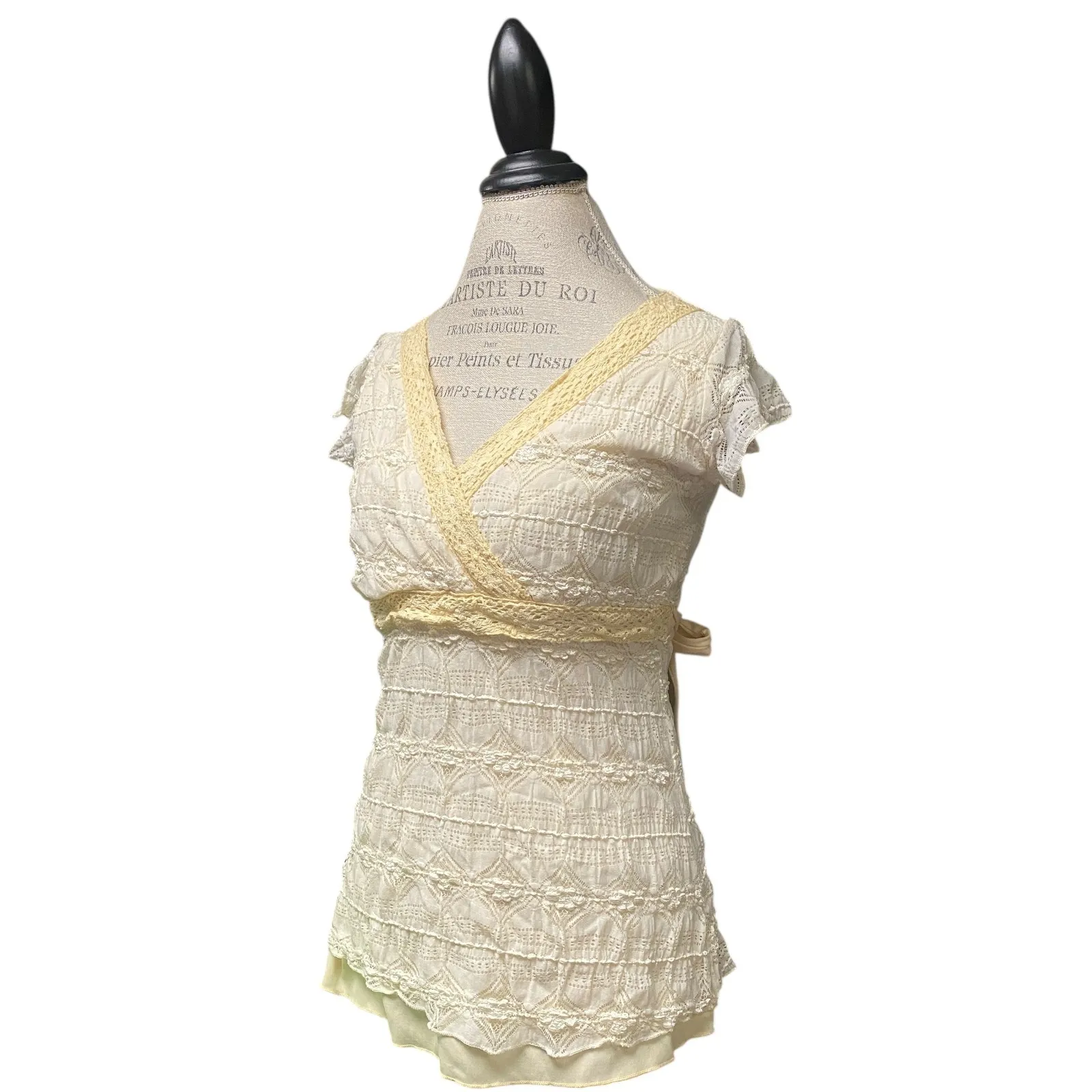Vintage Y2K Babydoll Sheer Lace Wrap V Neck Short Sleeve Tie Waist Blouse FLAWED Yellow Size undefined - Image 3