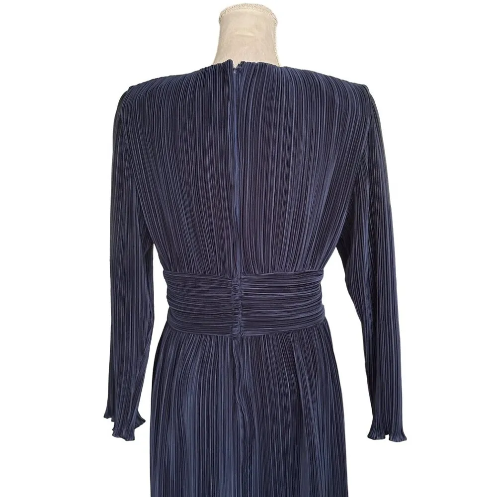Vintage Navy Blue Pleated Long Sleeve Midi Dress Beaded Waist & V - Image 4