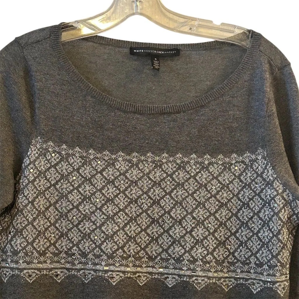 White House Black Market Women's Gray Fringed Pullover Sweater Size S - Image 4