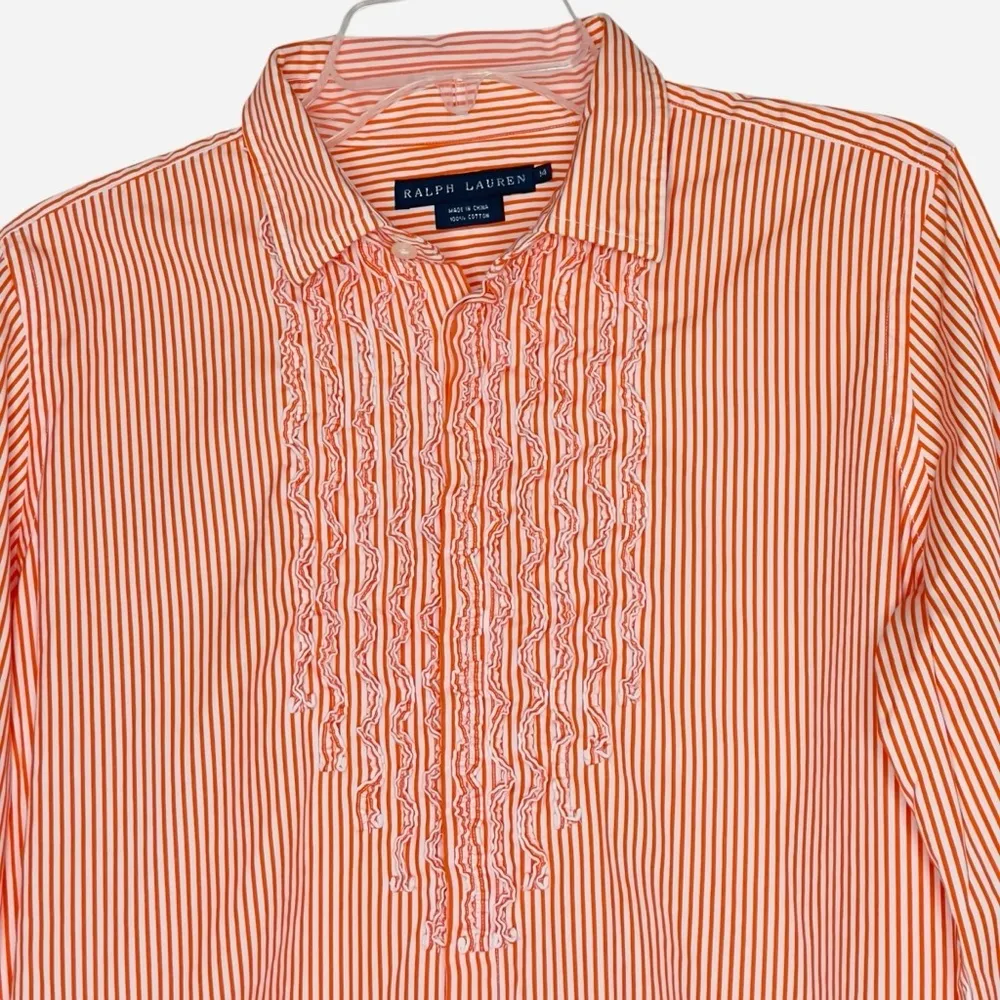 Ralph Lauren Ruffle Shirt Women Sz 14 Button UP Long Sleeve Orange White Striped - Image 7