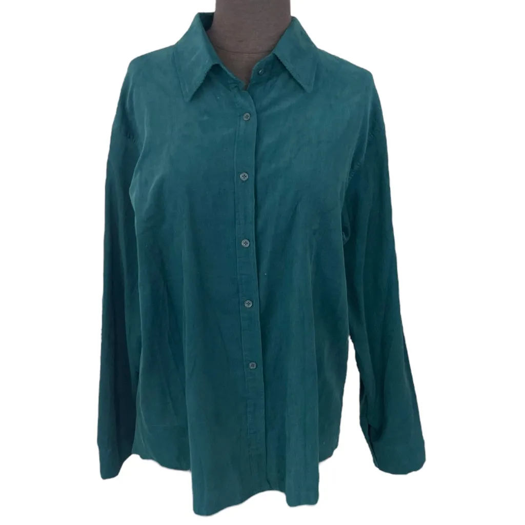 Oversized Corduroy Ribbed Button Up Shirt Teal Emerald Green Women’s Size M/L - Image 2