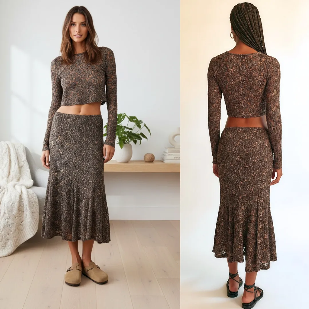 NEW Free People Laney Crop Long Sleeve Brown Black Lace Midi Skirt Set XS Dainty - Image 2
