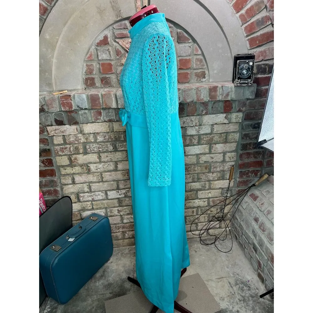 Maxi Dress high neck sheer lace sleeves 1960s high neck bow Blue - Image 5