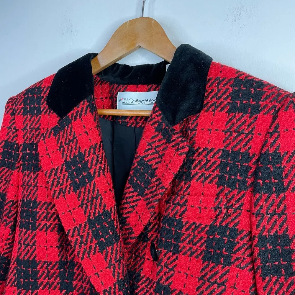 Vintage 90s Red Plaid Wool Blend Velvet Short Blazer Jacket preppy womens 10 - Image 3