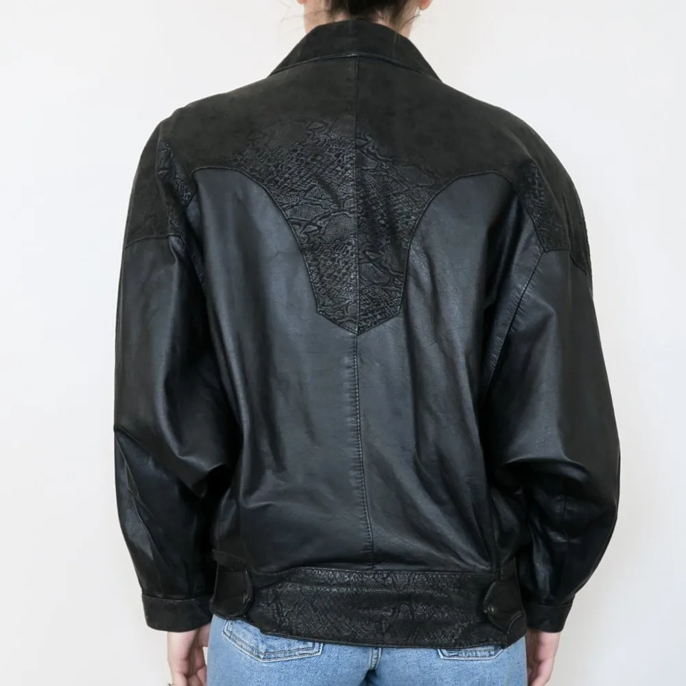 Vintage 70s Weiss Furs Black Leather Snakeskin Bomber Jacket Size M - Image 5