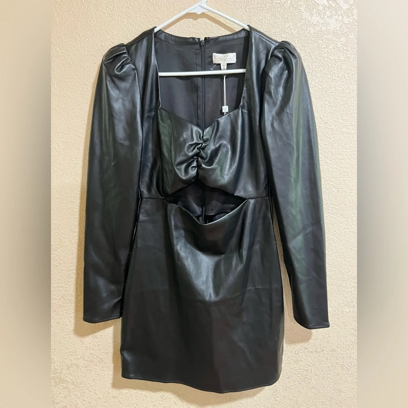 Ronny Kobo Collection black faux leather cutout long sleeve mini dress large NEW - Image 2