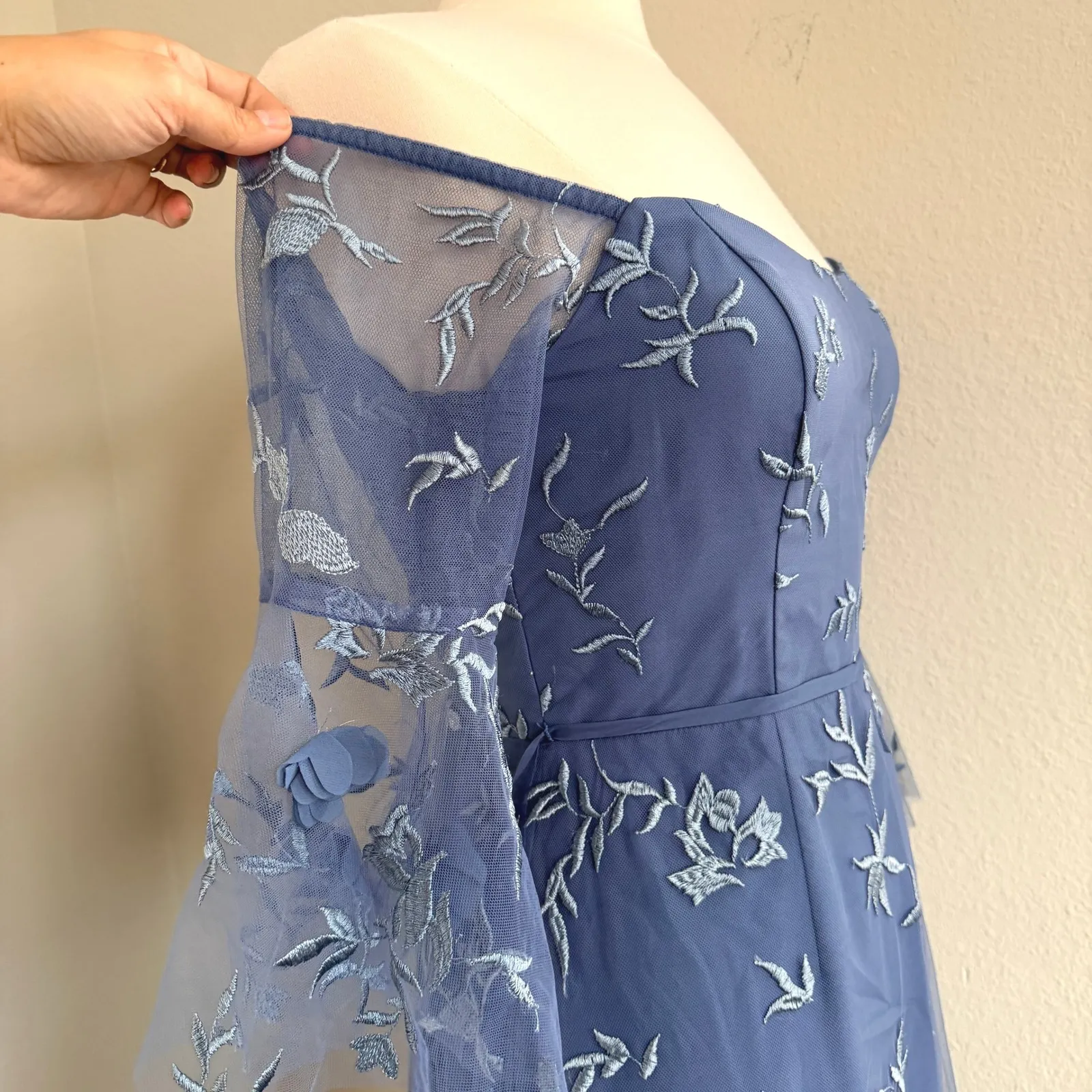 Marchesa Notte Dusty Blue Floral Bridesmaid‎ Gown Tulle Off Shoulder Size 2 - Image 6