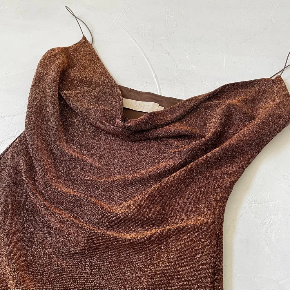 MESHKI tammy shimmer deep v maxi dress in brown umber size XS - Image 10