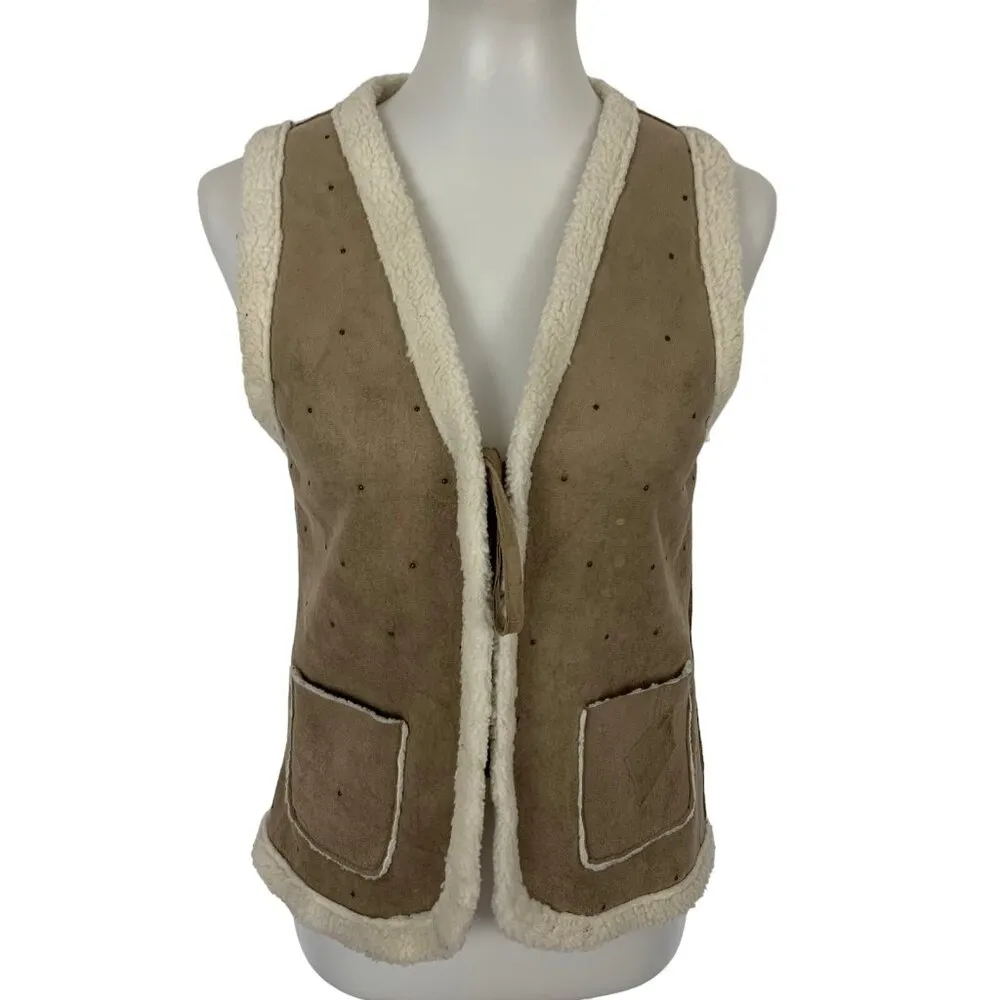 Karl Marc John Brown Faux Suede Sherpa Vest Open Front Boho Western Style Medium - Image 2