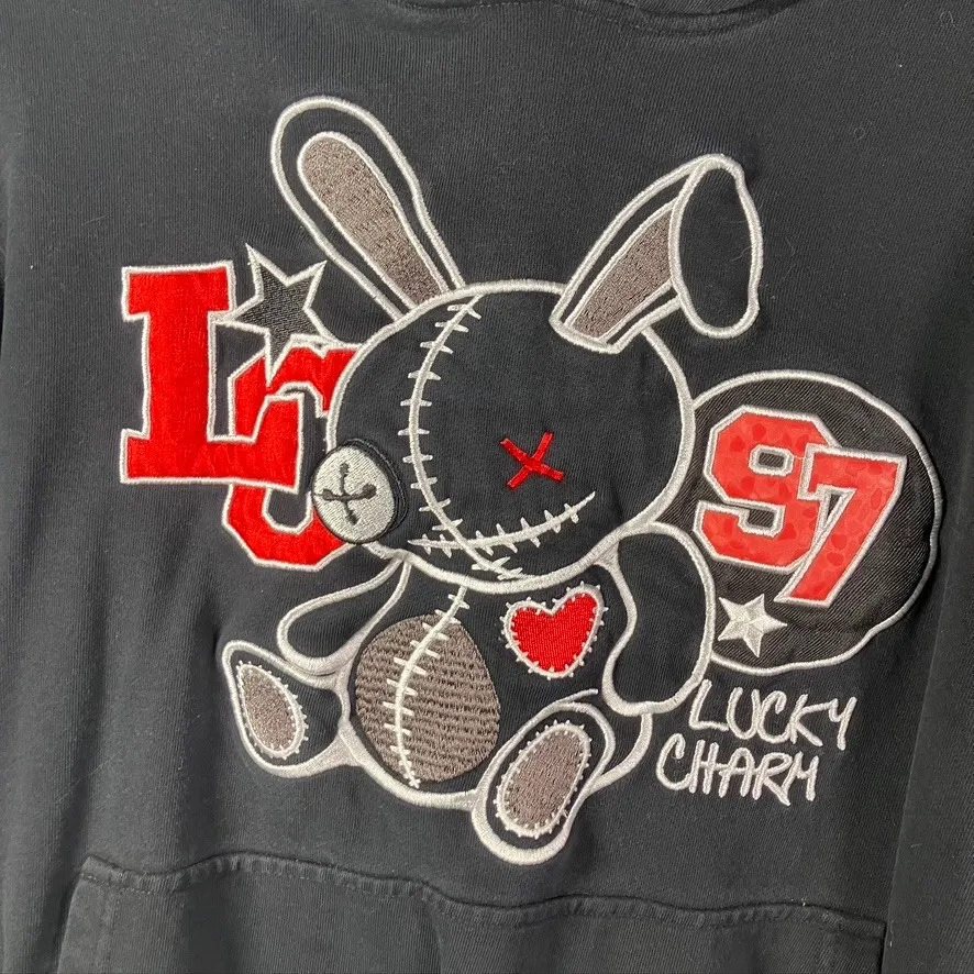 Vintage Lucky Charm Bunny Hoodie Black Varsity Patch‎ Graphic S Y2K Style Gray - Image 2