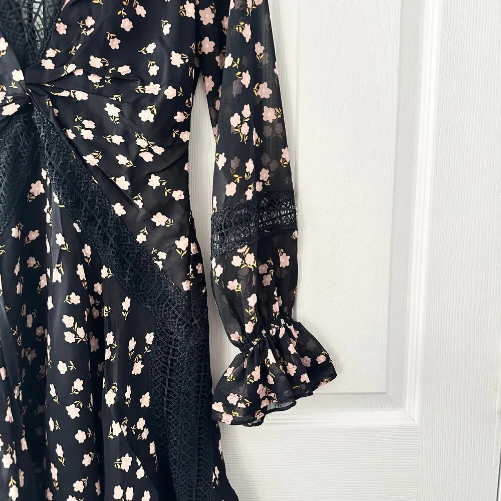 Self Portrait Black Twist Front V Neck Ditsy Floral Mini Swing Skirt Dress 2 - Image 5