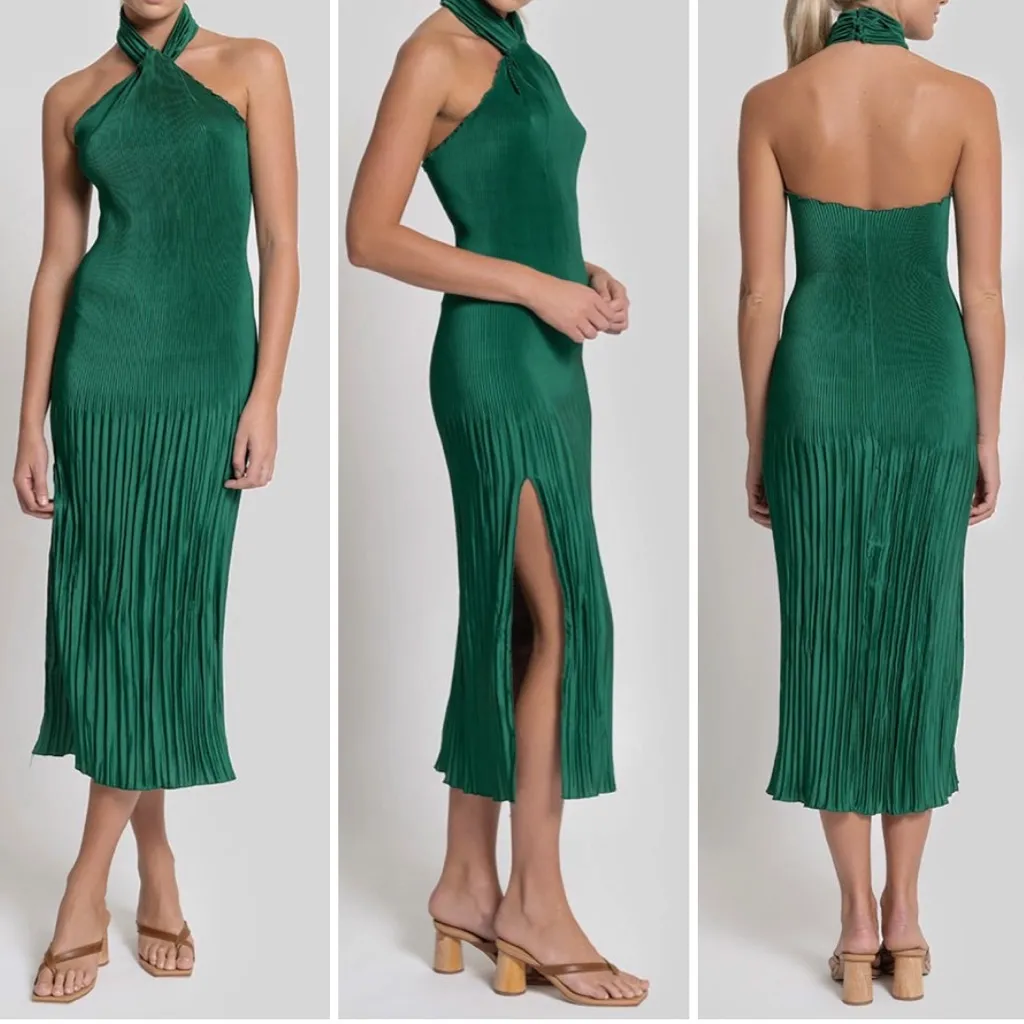 L’IDEE Soiree Pleated Halter Midi Dress in Emerald Green Size 10 - Image 2