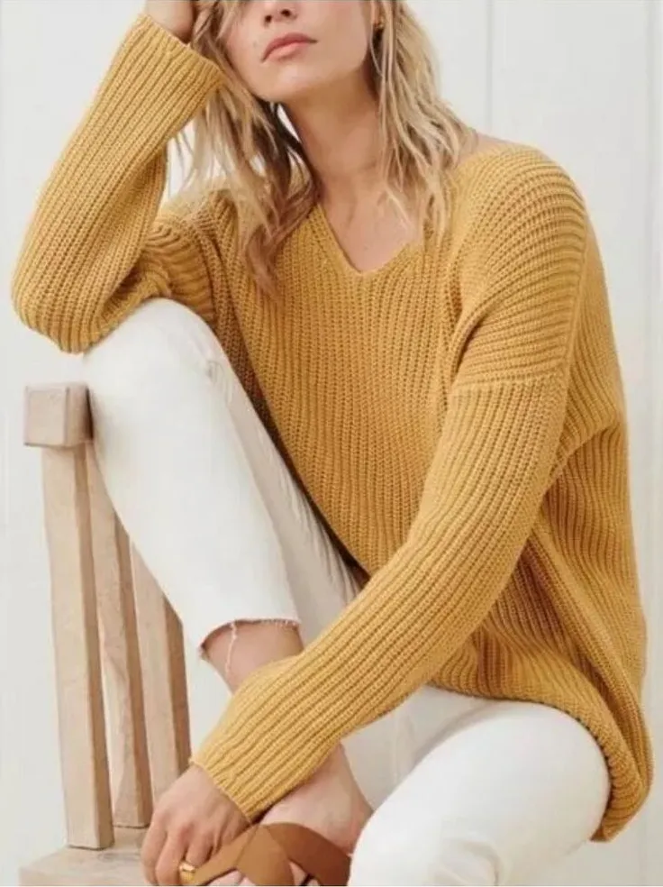 Jenni Kayne Cotton Cabin Knit Pullover Sweater Oversized Mustard Yellow Size Med - Image 1