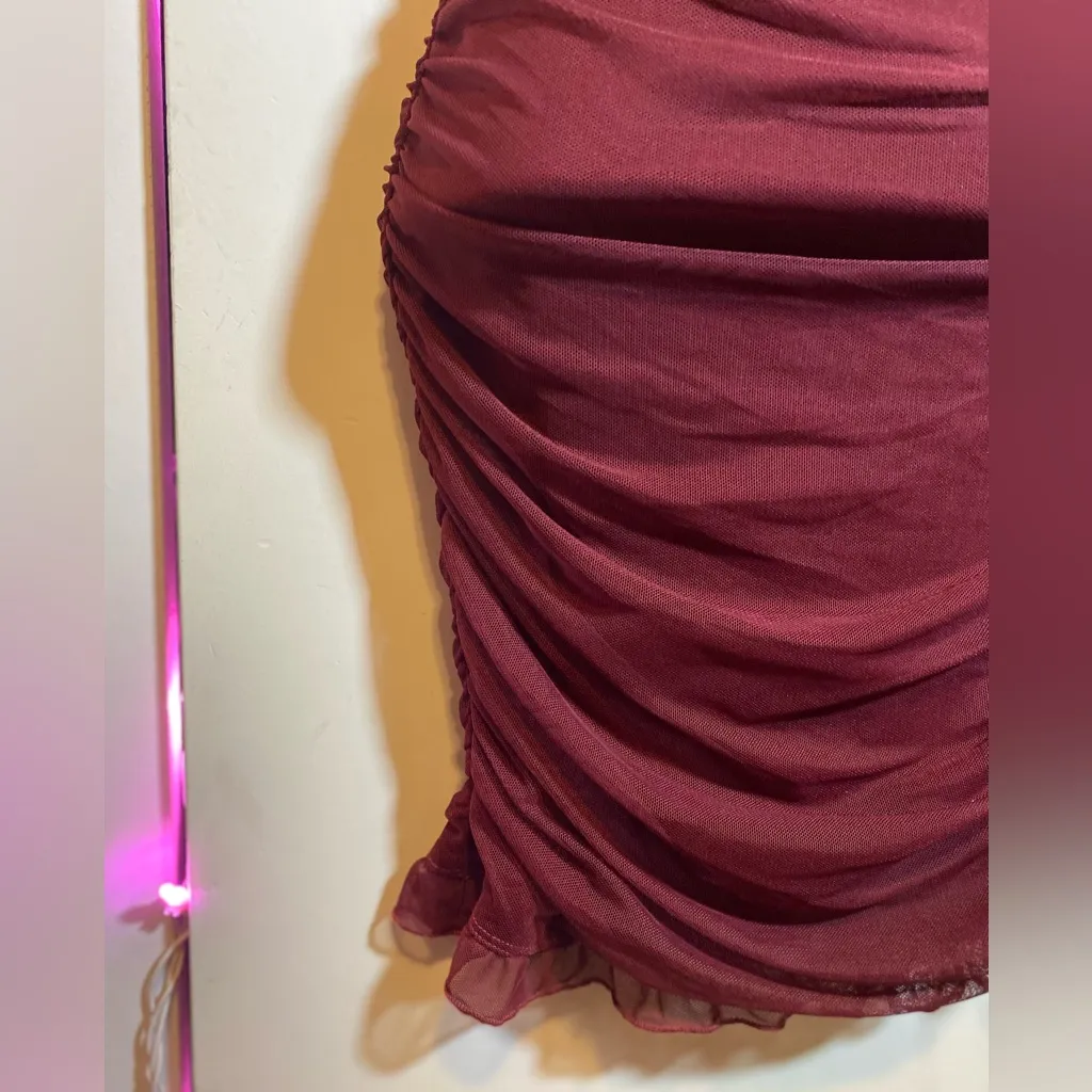 Crystal Sky Ruched Burgundy Sleeveless Mini Dress with Ruffle Straps XS Red - Image 4