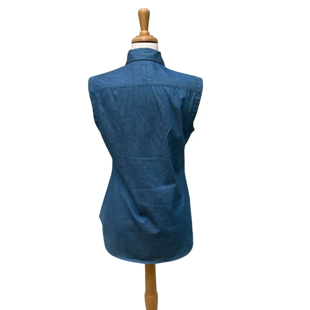 Kal Rieman Top Shirt Sz S Blue Chambray Sleeveless Button Up Western Casual - Image 3