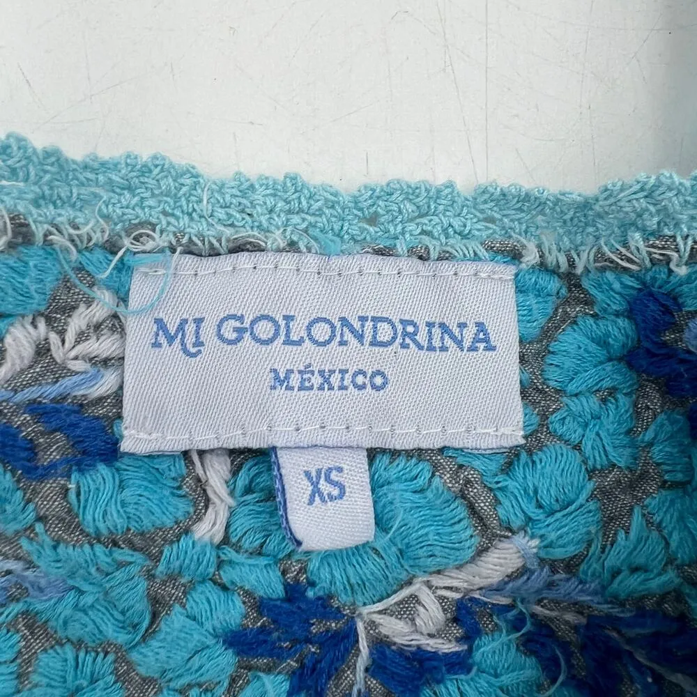 Mi Golondrina Arroyo Mini Dress Blue Floral Embroidered Cotton Size XS - Image 3