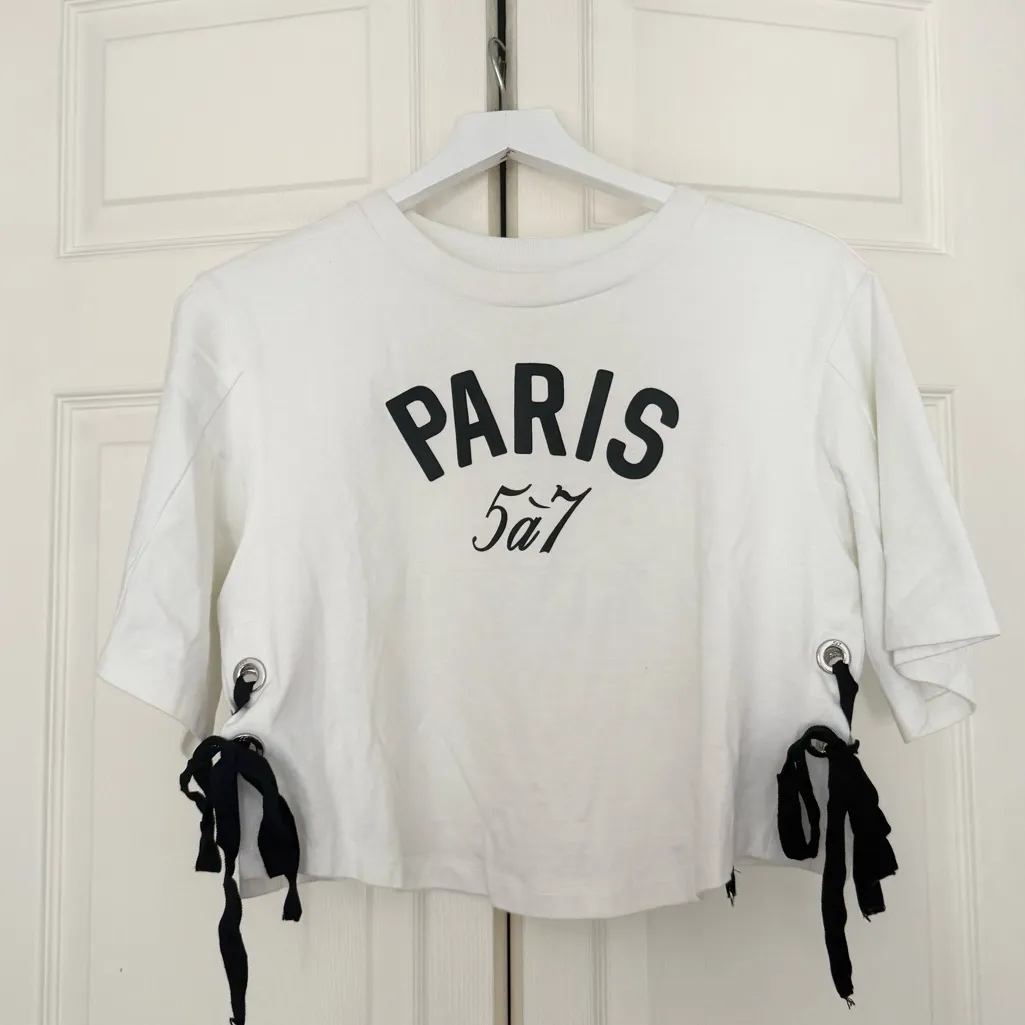 Cinq a Sept Paris White Tee Crop Tie Detail Sides Black Ribbon T - Image 2