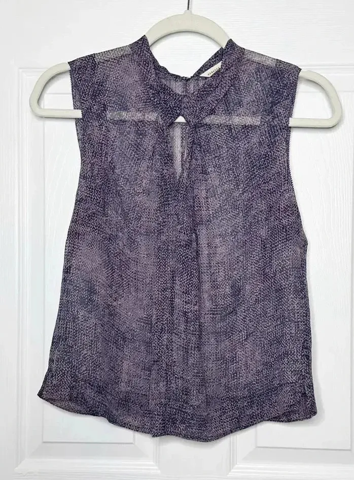 REBECCA TAYLOR Purple Geometric Peter Pan Collar Knot Front Silk Shell Size 2 - Image 1