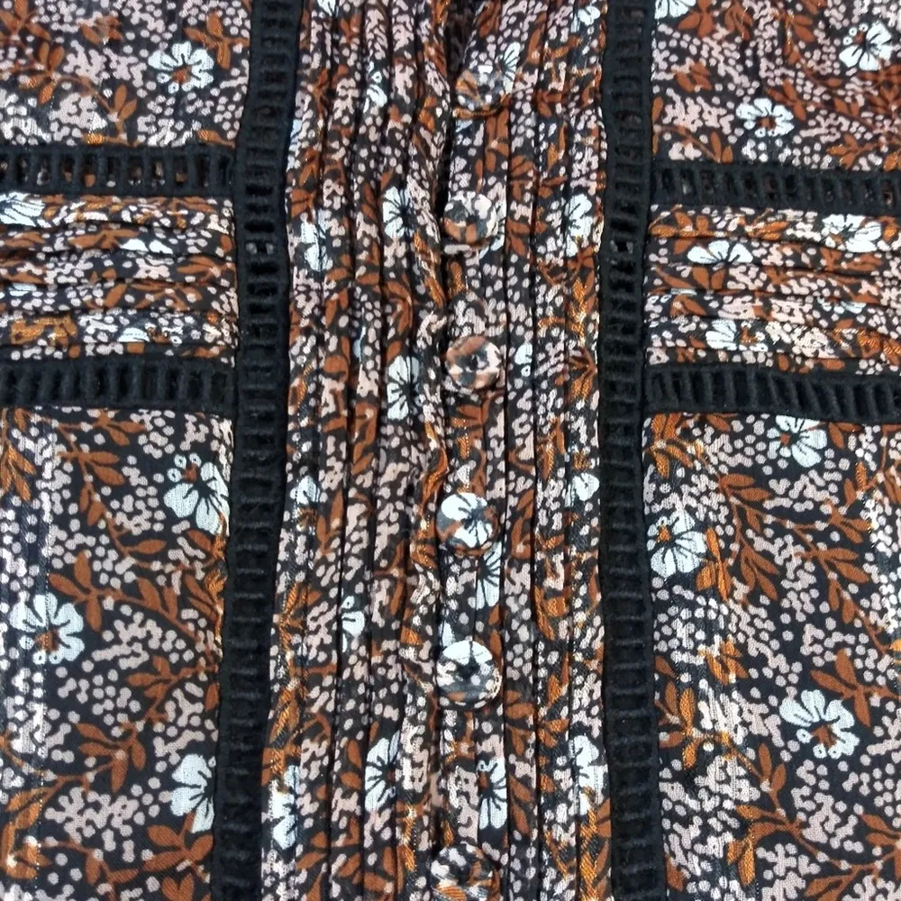 Pale Sky Brown Floral Roll Tab Sleeves Boho Blouse Size L Size L - Image 5