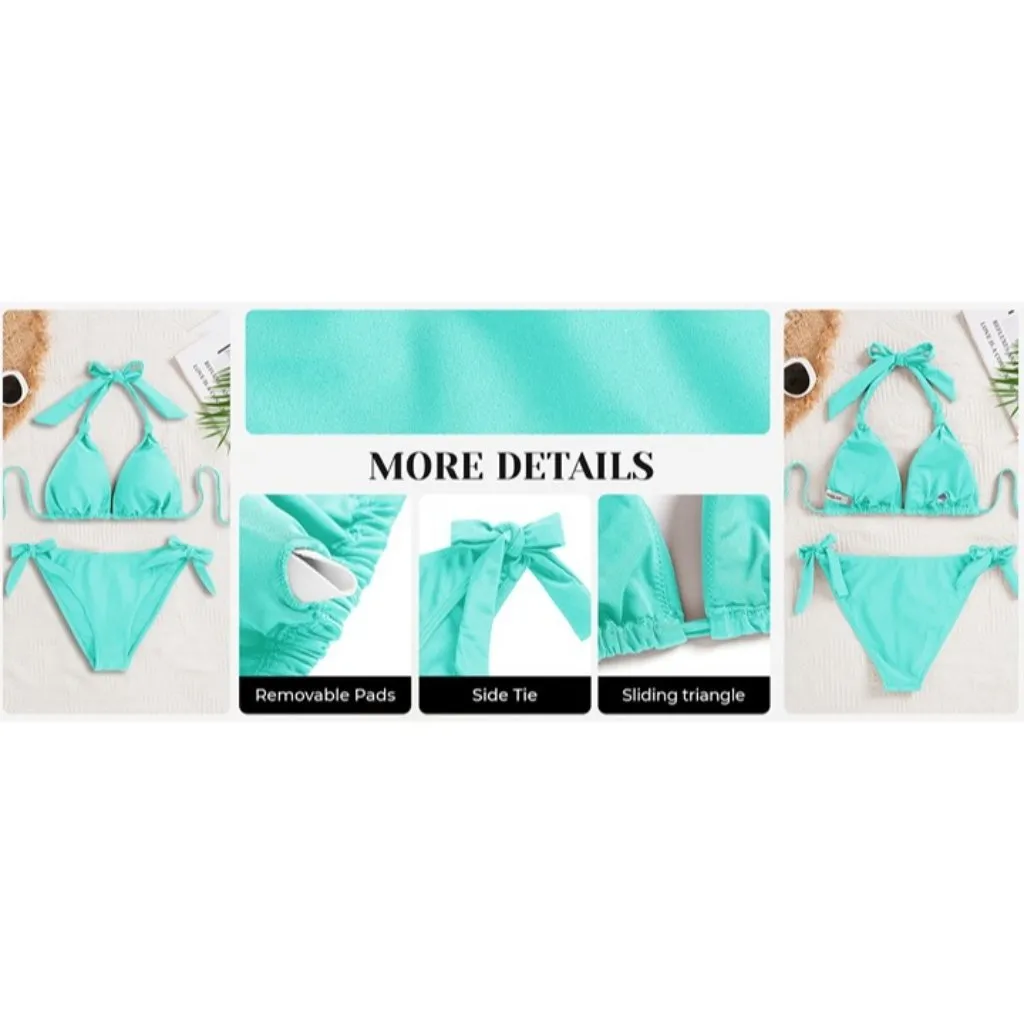 Aqua Eve Halter Bikini Two Piece Triangle Swimsuit Tie Bathing Suit Army Green L Size L - Image 7