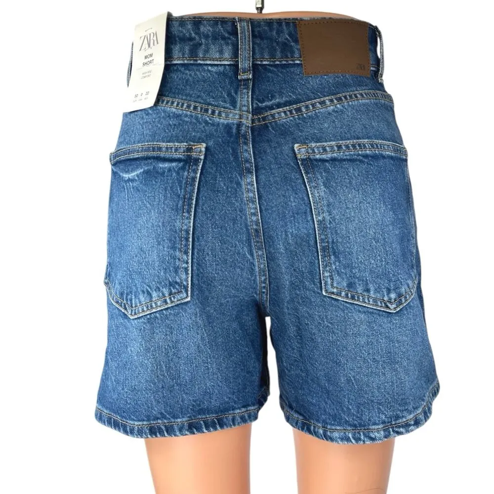 NEW Zara Women's Blue High Waisted Boyfriend Bermuda Denim Jean Shorts Size 32 - Image 3