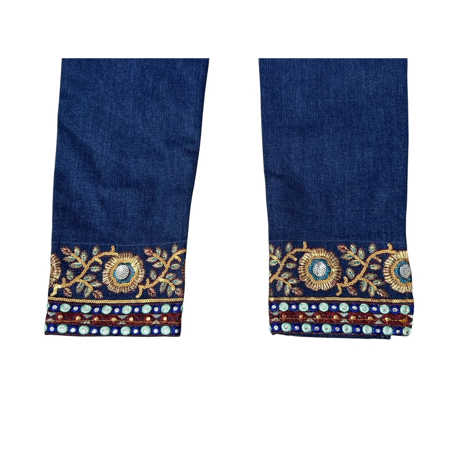 DESIGUAL Exotic Sequin Embroidered Metallic Floral Zip Ankle Skinny Jeans Sz 24 - Image 8