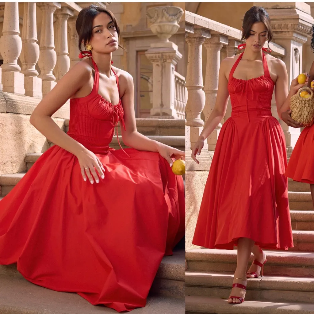 HOUSE OF CB 'Adabella' Italian Tomato Cotton Halter Sundress NWOT‎ size L - Image 2