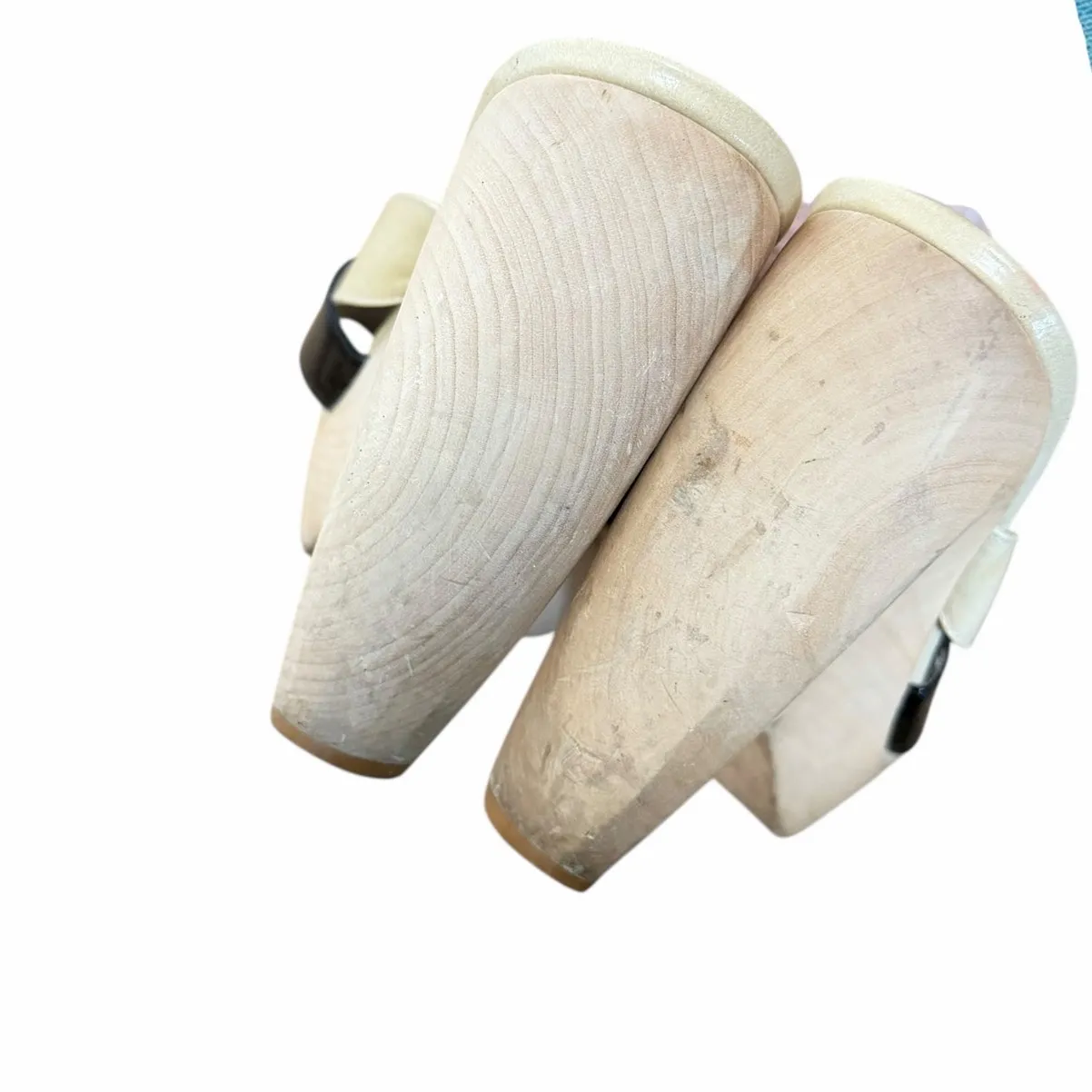 Nine West Black Cream Leather Slip On Wood Heels Sz 6.5 - Image 4