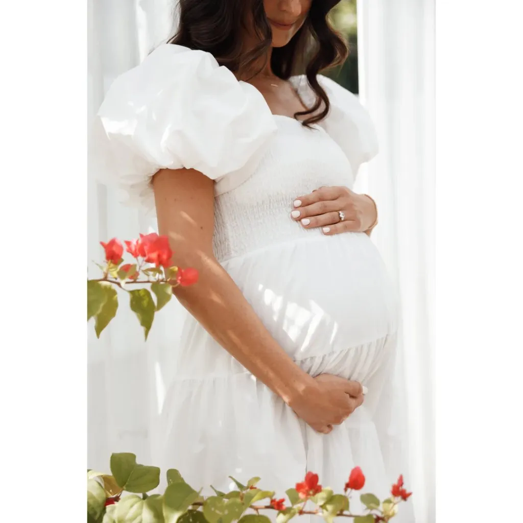 PETAL & PUP Annette Puff Sleeve Midi A-Line Dress in White Size Small - Image 15