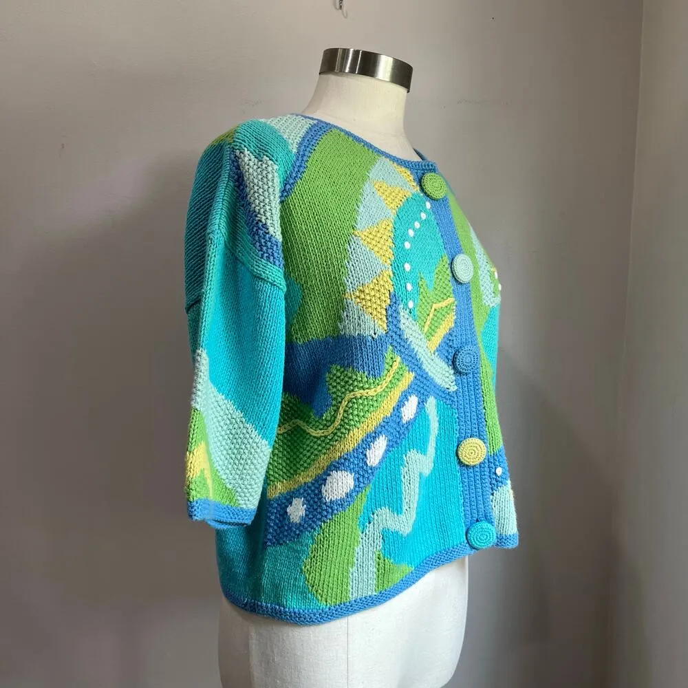 Segrets Sun Prints Knit by Hand Sweater Vintage Color Blocking Sweater Sz M Blue Size M - Image 3