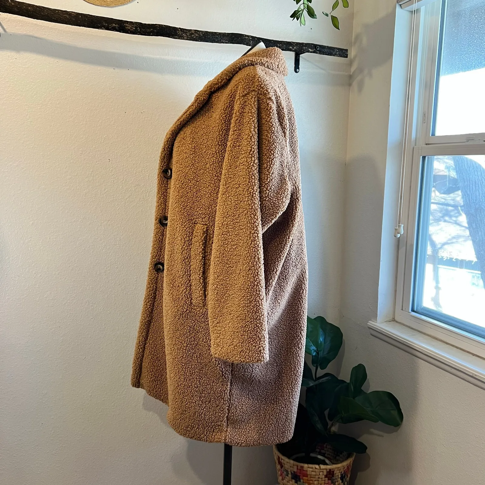Tan Plush Long Oversized Peacoat Trench Button Front Jacket Size 2X - Image 3