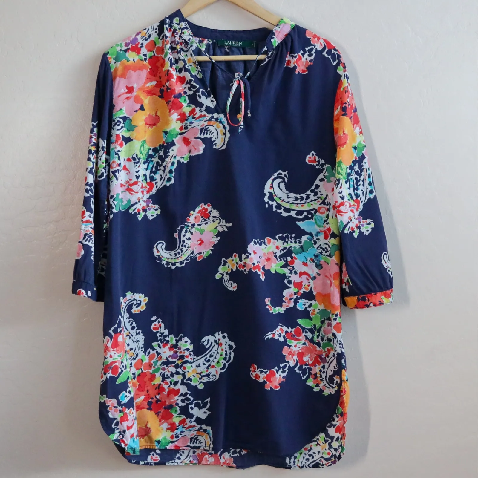 Lauren Ralph Lauren Floral Paisley Print Poplin Dress Tie Long‎ Sleeve Size S - Image 3