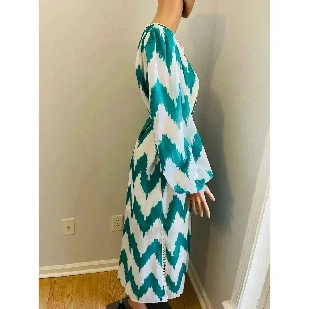 Tuckernuck Beulah Style Charlotte Chevron Printed Midi Dress Green size L - Image 8