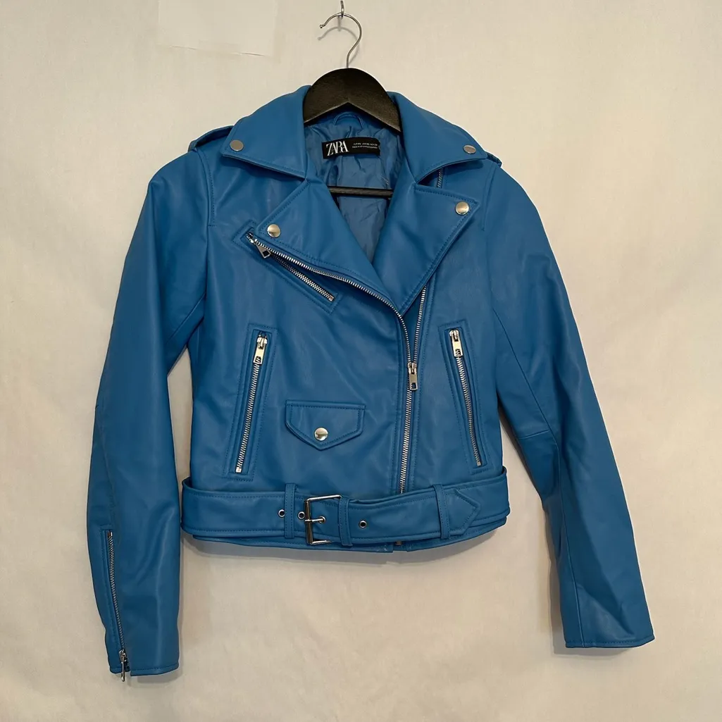 ZARA Faux Leather Blue Moto Jacket XS Biker Blogger Favorite TikTok Style - Image 12