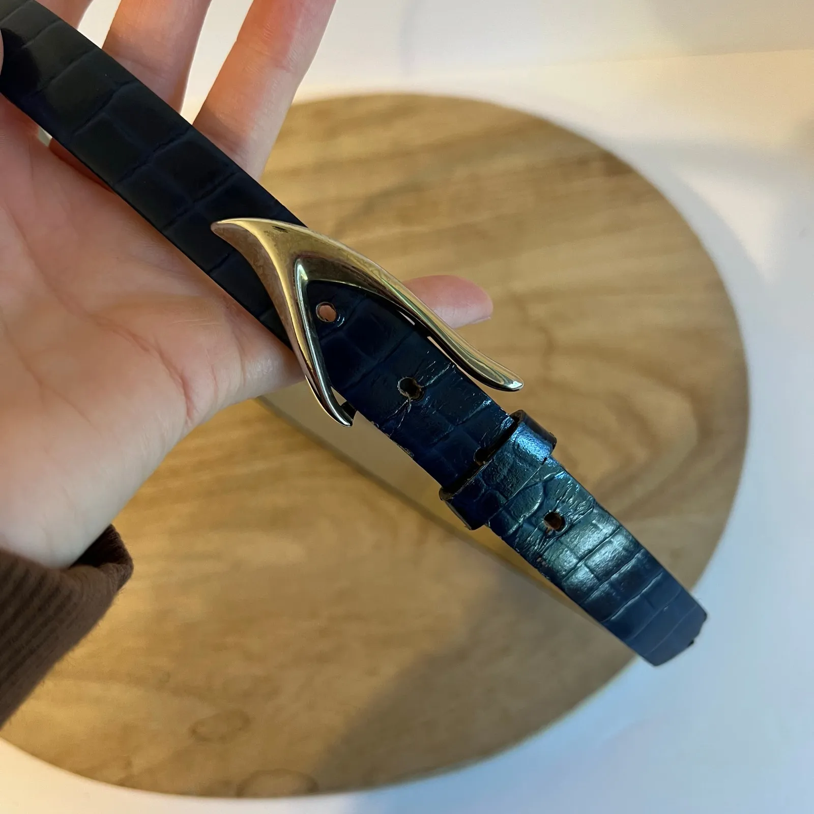 Vintage 90s Midnight Blue Vegan Leather Silver Hook Buckle Belt Size XS - Image 2