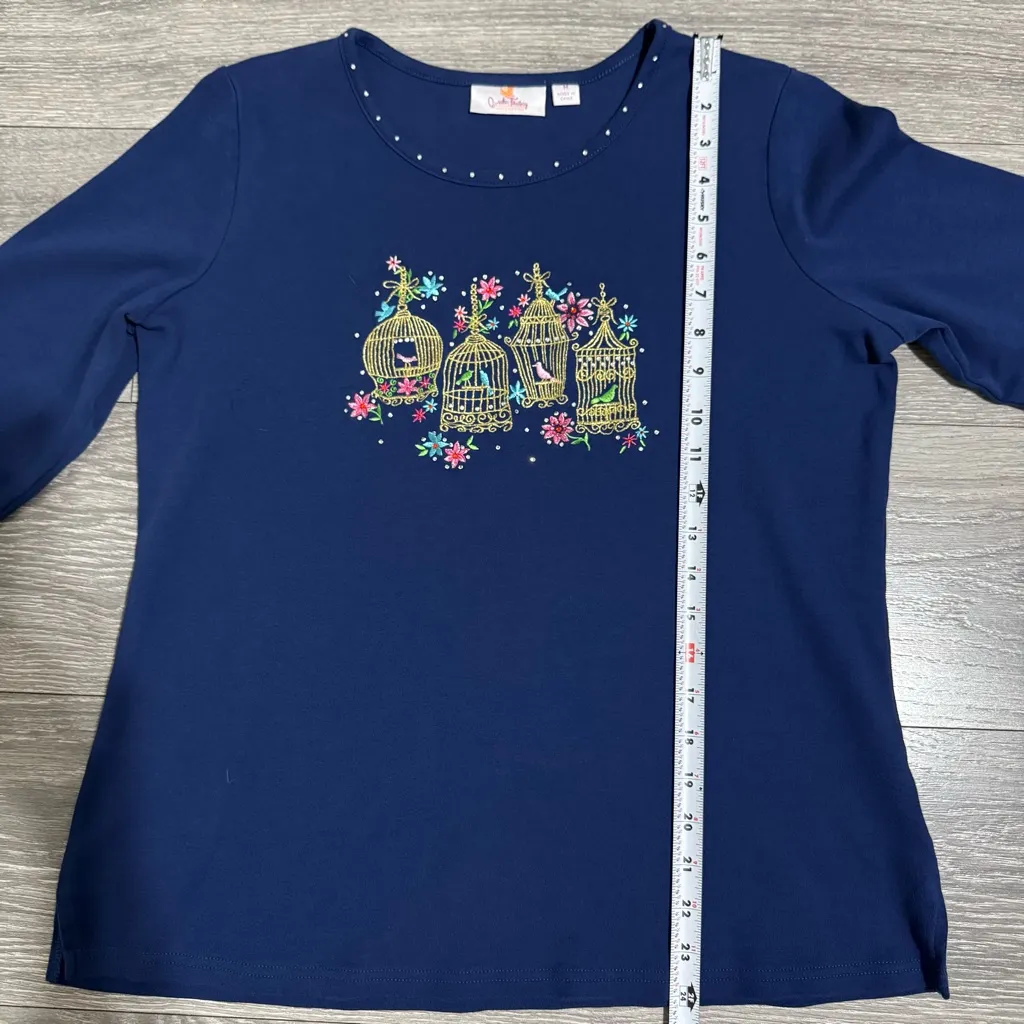 Vintage Quacker Factory Navy Top with Beautiful Birdcage Embroidery 3/4 Sleeve M - Image 9