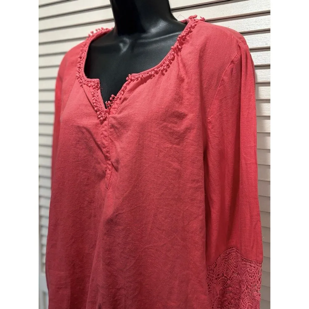 Style & Co Pink Crochet Bell Long Sleeve‎ Blouse Elastic Hem Size XL Cotton - Image 2