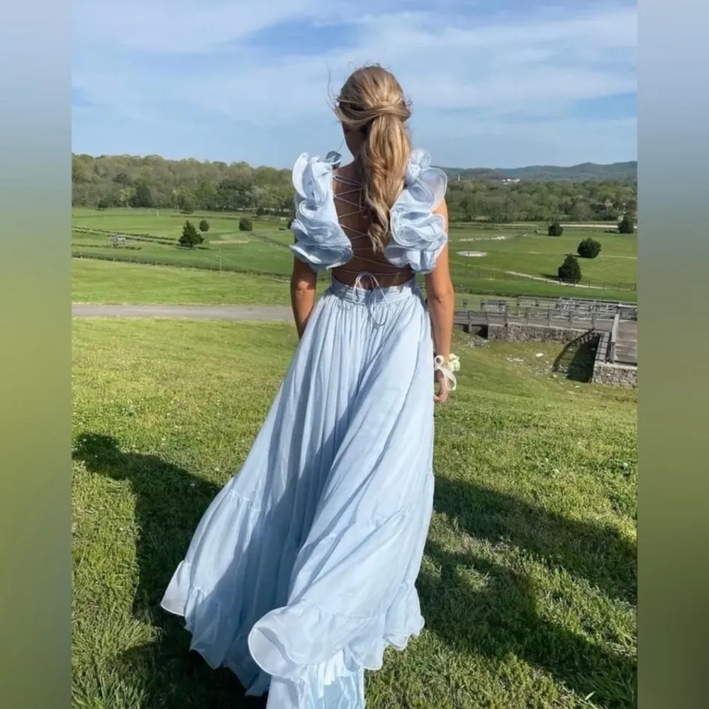 MAC DUGGAL Ruffle Tiered Cut Out Chiffon Gown in Powder Blue 6 - Image 3