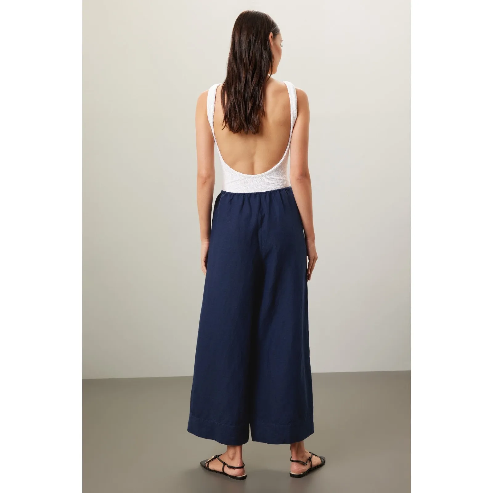 ONIA Dark Blue Linen Blend Wide Leg Drawstring Trousers Pants Size Medium - Image 2