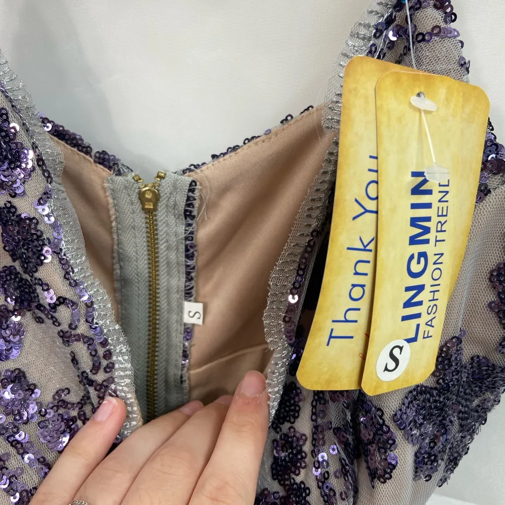 NEW women’s nude tan purple blue lace‎ sequin lined deep v stretch mini dress S - Image 3