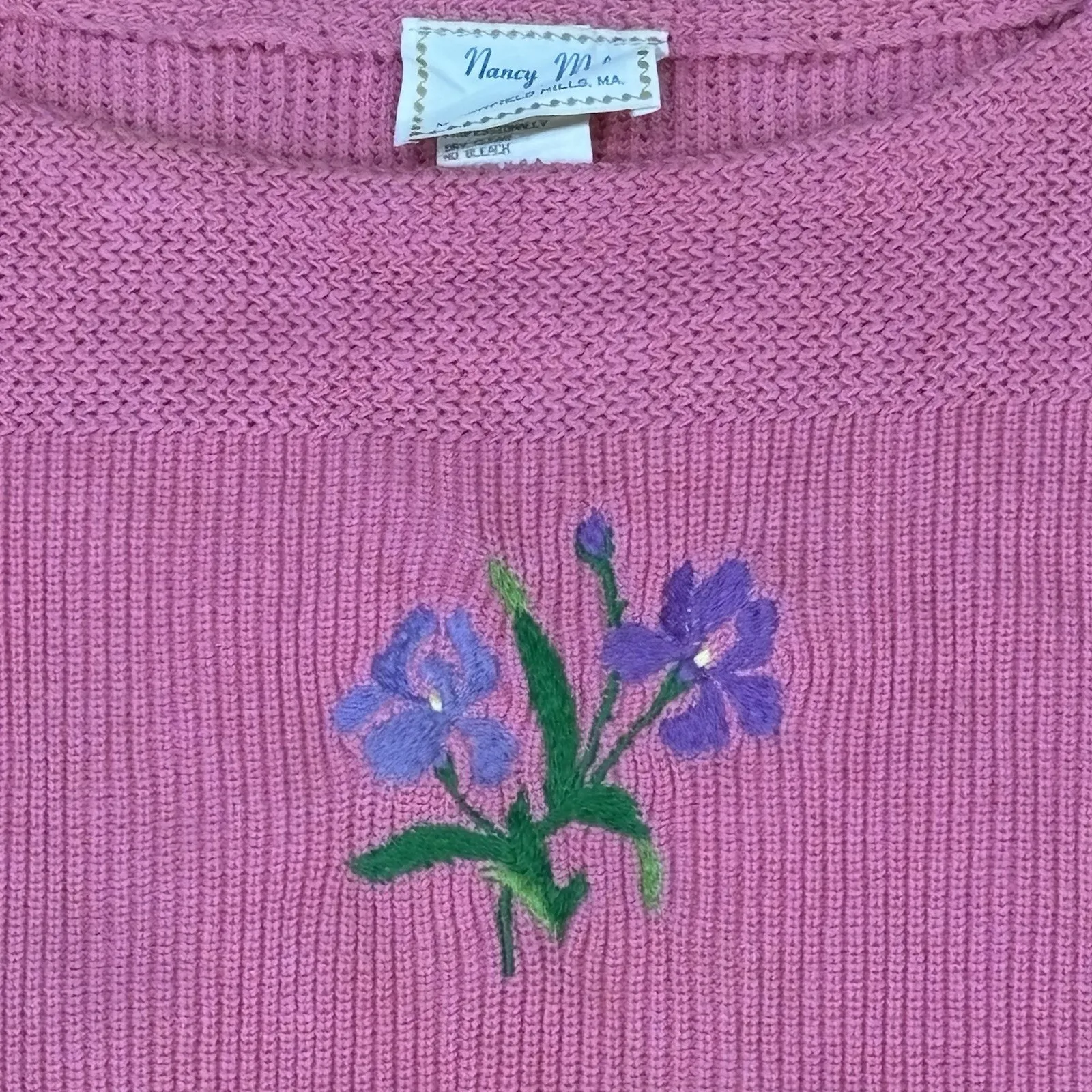 Vintage Pink Floral Embroidered Sweater 100% Cotton Nancy Miles USA Cottage Size XL - Image 3