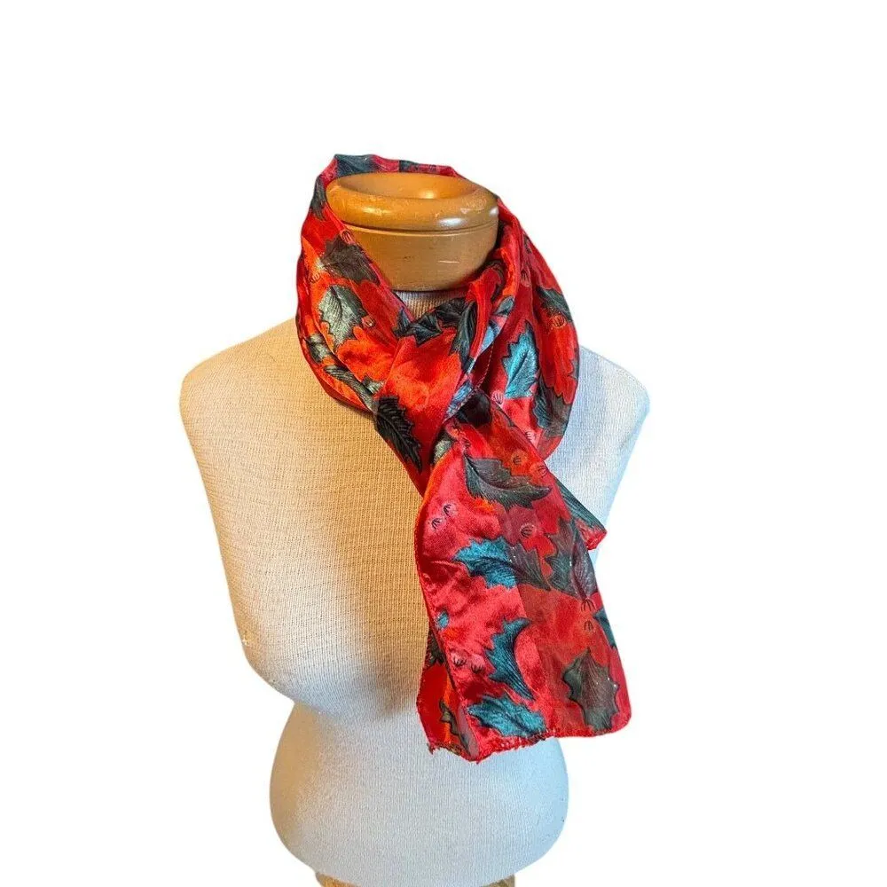 Vintage Red & Green Holly Print Velvet Scarf Red - Image 3