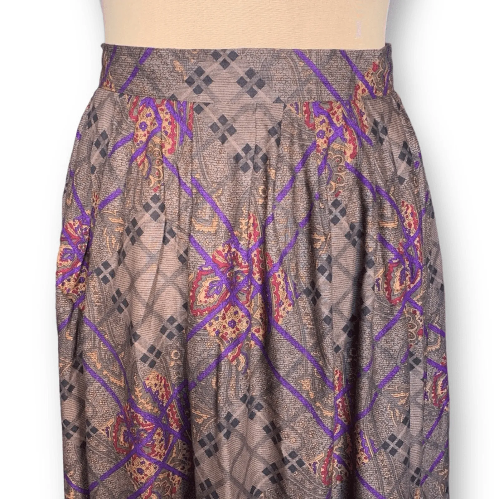 Vintage 90s Rayon Midi Skirt Taupe Purple Paisley Lattice Plaid Print High Waist Tan Size 12 - Image 4