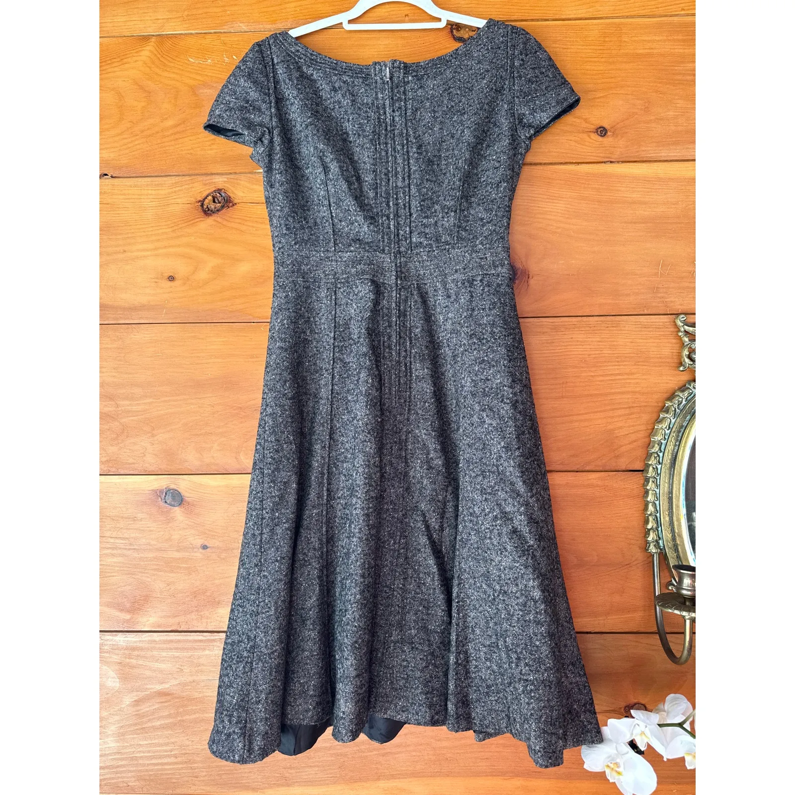 Zara Black Gray Wool & Silk Cap Sleeve Midi Dress Casual Fit And Flare Size M - Image 3