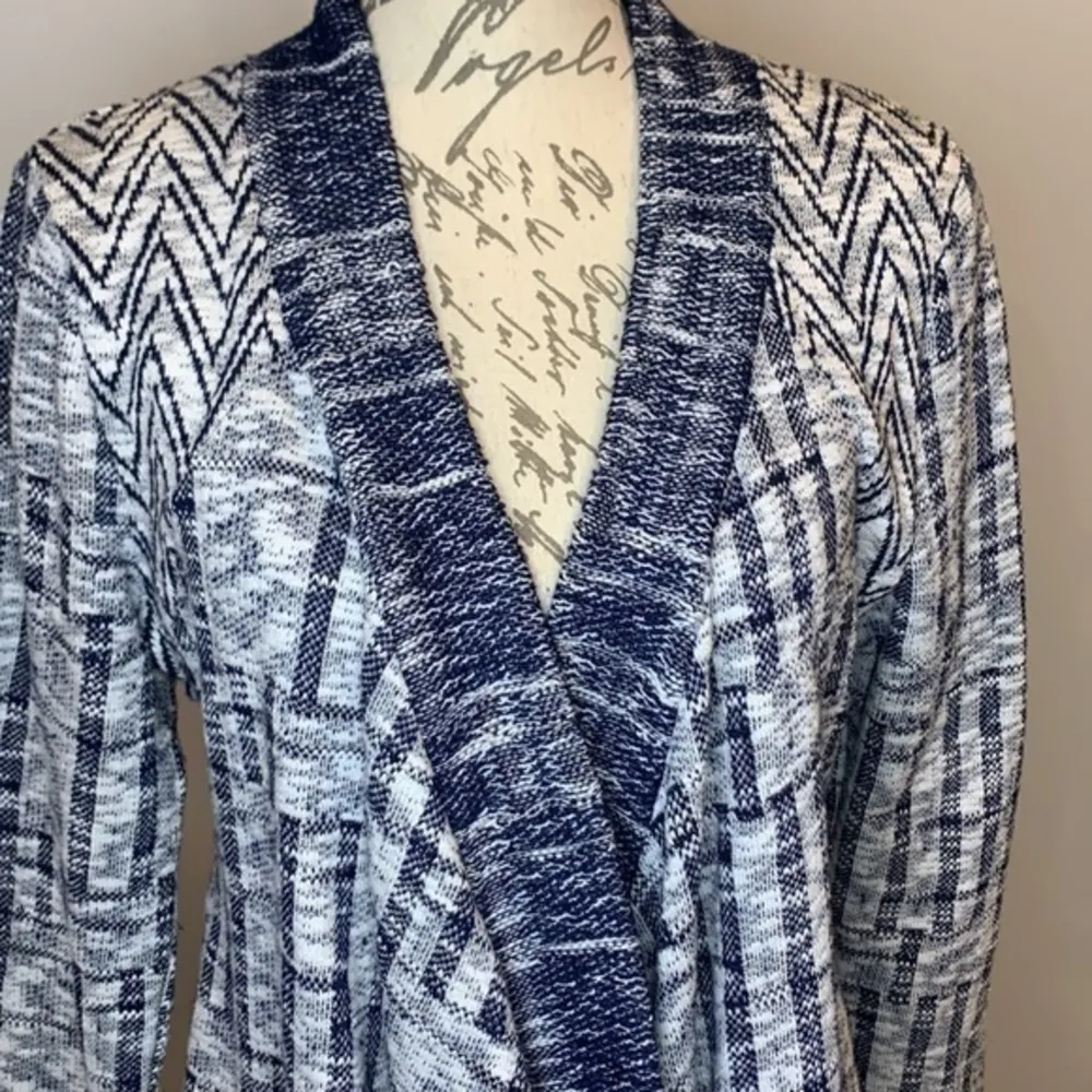 Cupio wrap open cardigan stretch waterfall draped navy white L - Image 2