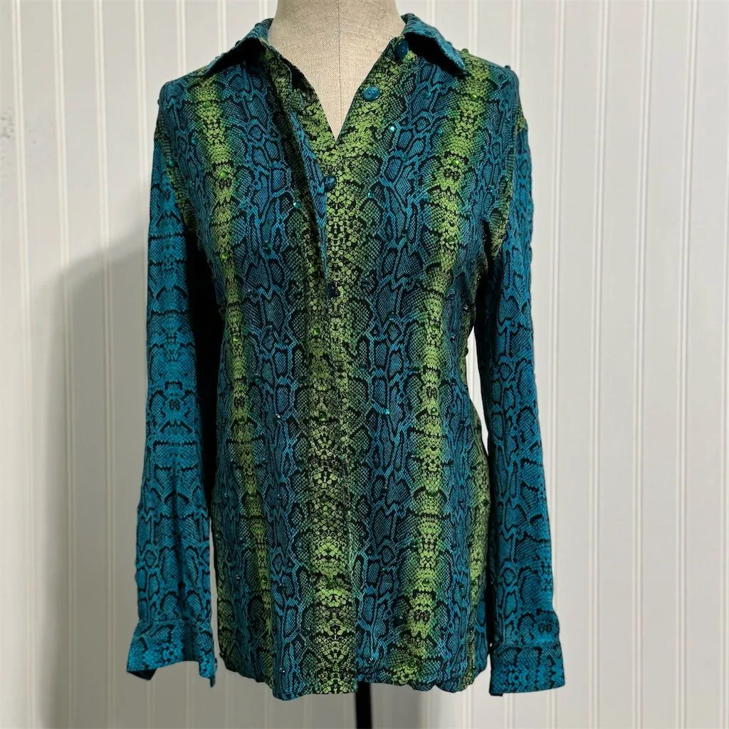 Diane Gilman Silk Snakeskin Shirt S Blue Green Sequin Mob Wife Y2K Button Up Top - Image 2