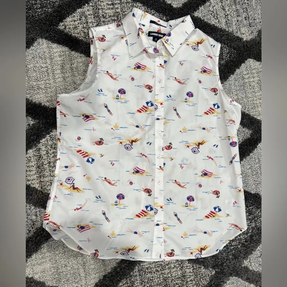 Lands End Women's No-Iron Supima Cotton Sleeveless Shirt Beach Days Size 8 White - Image 2